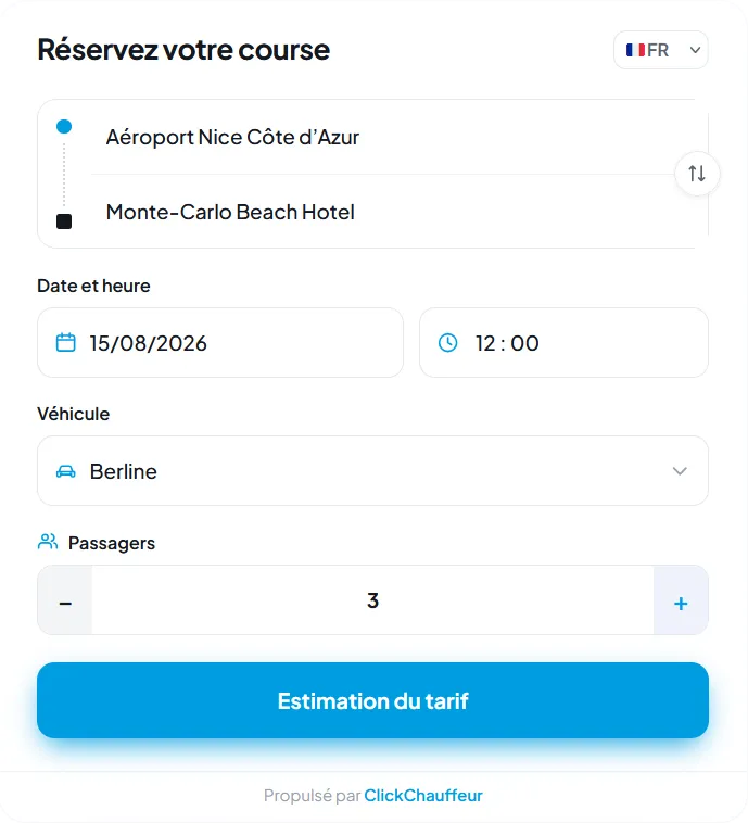 Módulo de reserva ClickChauffeur: direcciones de salida y de llegada, fecha y hora, elección del vehículo, número de pasajeros y botón de estimación de la tarifa.